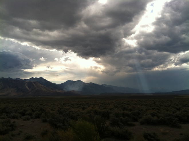 On the way to Crowley Lake.  A crazy cloudy, Rim fire smoke filled evening with beautiful sun beams.